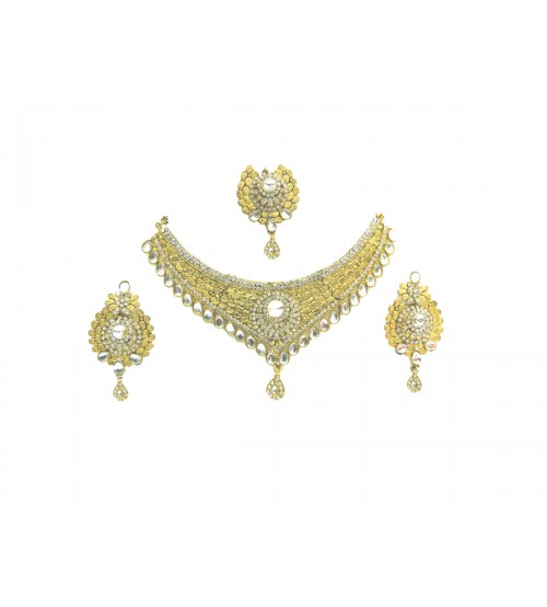 Necklace Set with Maang Tikka, Gold and White Color, GW, 13131, Special Wedding Jewelry